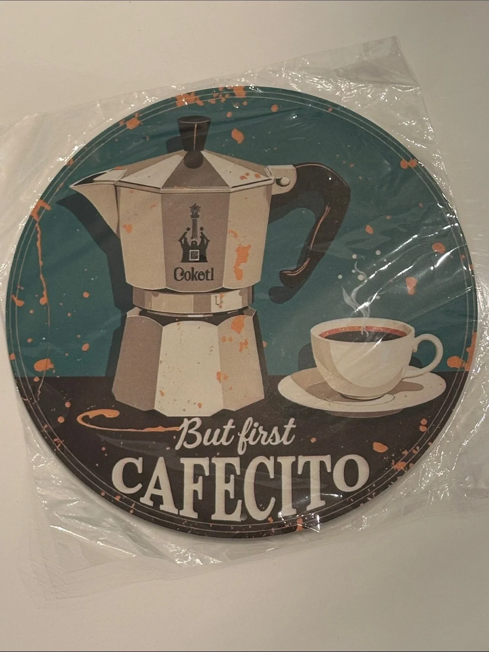 Round Cafecito Decorative Kitchen Sign - Teal & Cream